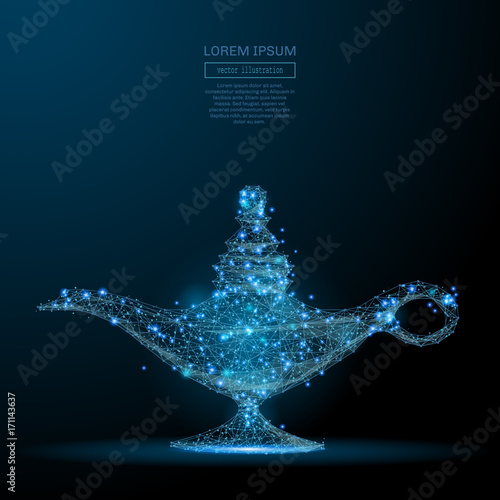 Polygonal magic lamp isolated on dark background. Low poly vector illustration of a starry sky or Comos. Digital images consists of lines, dots and destruct shapes.
