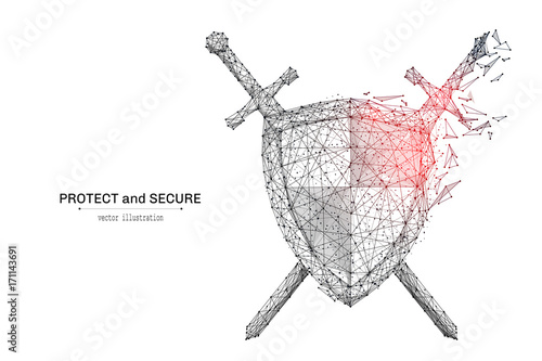 Abstract polygonal Shield and Swords isolated on white background. Low poly wireframe vector illustration. Protect and secure concept digital concept mash line and point with destruct shapes.