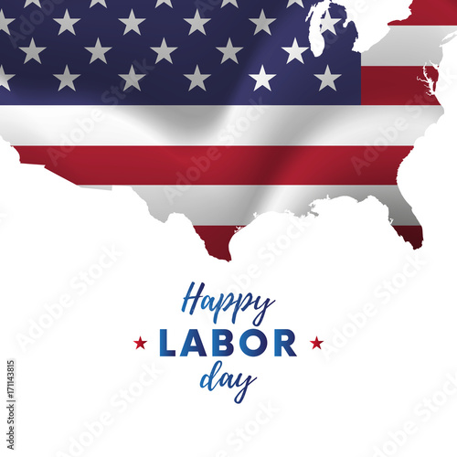 Happy Labor Day sticker or banner. Red gradient background. Waving flag. USA map. Vector illustration.