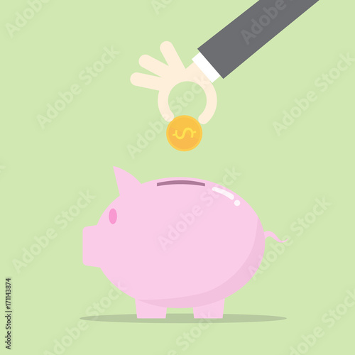 Flat design concepts for business,hand put coin on piggy, investing saving concept,