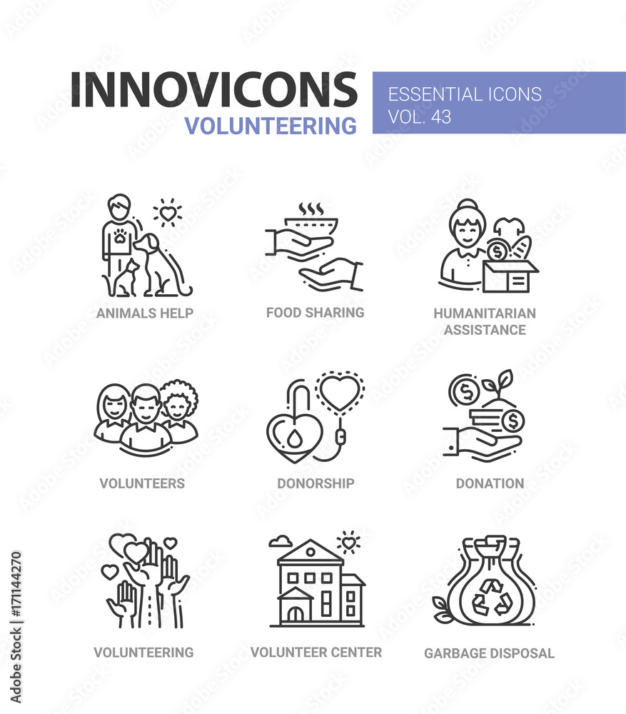 Volunteering - modern vector line icons set. Volunteering - modern vector line icons set.