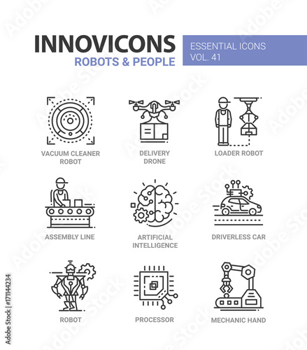 Robots and People - modern vector line design icons set