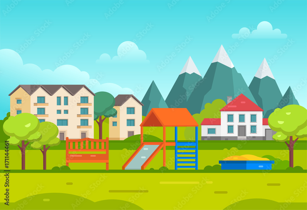 Housing estate with playground by the mountains - modern vector illustration