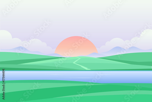 Sunset or dawn by the river - modern vector illustration