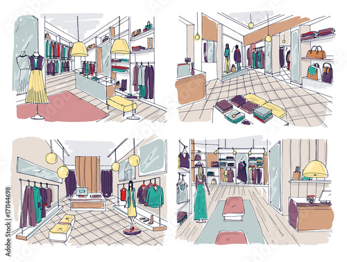 Colorful drawings of clothing boutique interior with furnishings, counters, showcases, mannequins dressed in fashionable clothes. Hand drawn fashion store or trendy apparel shop. Vector illustration.