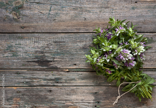 Close-up of mint and sage bunches - fresh healthy herbs on wooden background, top view