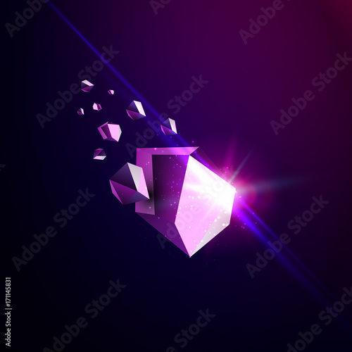 Falling beauty stone, space debris, violet collapsing asteroid, vector 3D illustration. Isolated unusual logo template.