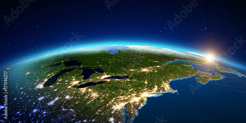 Fototapeta Naklejka Na Ścianę i Meble -  New York city from space sunrise. 3D rendering