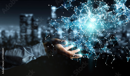 Businessman holding flying network connection 3D rendering