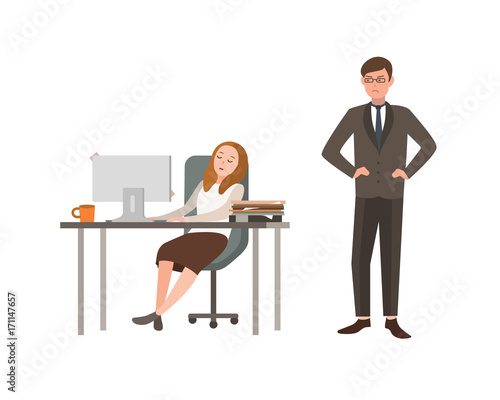 Woman office worker sits at desk with computer and sleeps, his boss angrily looks at him. Concept of fatigue at work. Cartoon vector illustration