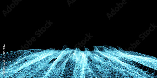 Abstract futuristic polygonal wavy lines and dots grid illustration. Intertwining web, a network of ropes, an unusual geometric blue vector pattern on black background.