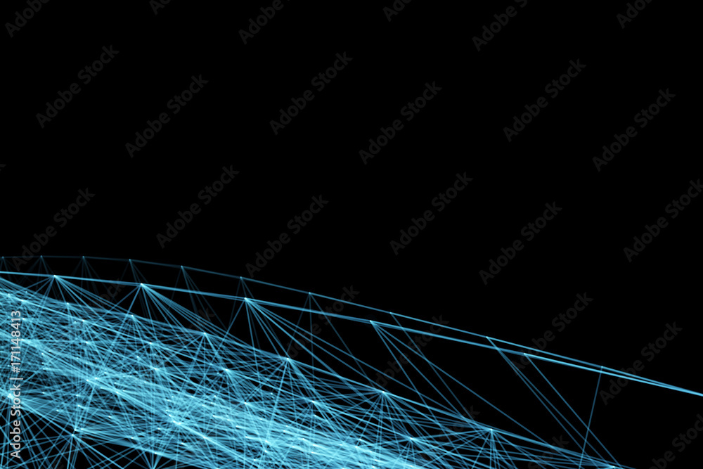 Abstract futuristic lines and dots grid. Intertwining web, a network of ropes, an unusual geometric black and blue vector pattern.