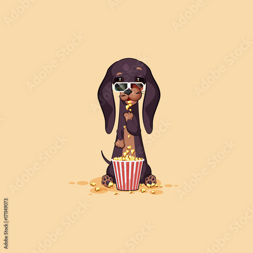 Vector stock illustration emoji cartoon character dog talisman, phylactery hound, mascot pooch, bowwow dachshund sticker emoticon German badger-dog chewing popcorn, watch movie in 3D glasses