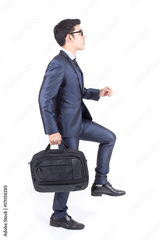 Asian Businessman acting like walking on White Background with Success feeling, Business Success Concept, isolated on white background.