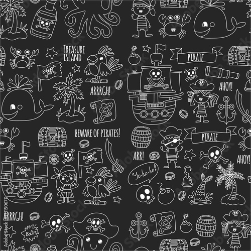 Vector seamless pattern Pirate party for children Kindergarten Kids children drawing style illustration Picutre with pirate, whale, treasure island, treasure map, skulls, flag, ship Birthday party