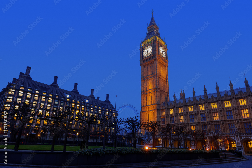 Night View of the Palace of Westminster, Big Ben and Portcullis House in Westminster, England, UK
