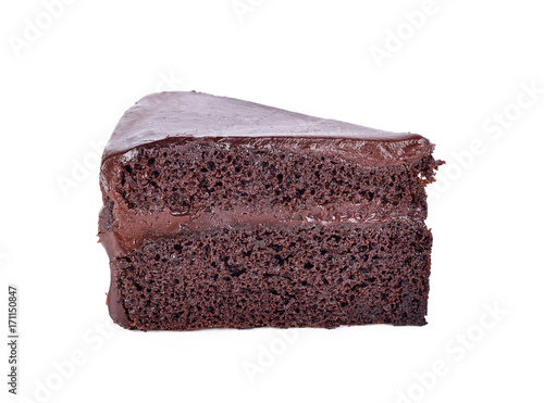 a slice of chocolate cake on white background