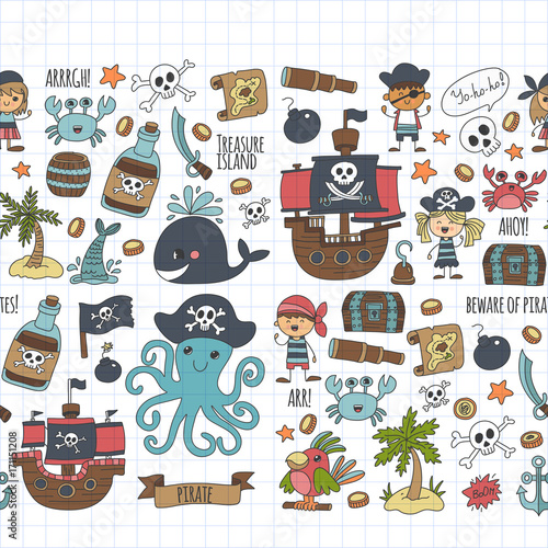 Vector seamless pattern Pirate party for children Kindergarten Kids children drawing style illustration Picutre with pirate, whale, treasure island, treasure map, skulls, flag, ship Birthday party