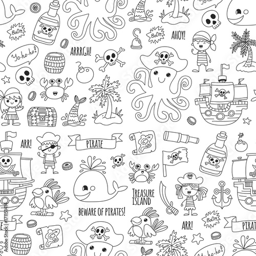 Vector seamless pattern Pirate party for children Kindergarten Kids children drawing style illustration Picutre with pirate  whale  treasure island  treasure map  skulls  flag  ship Birthday party