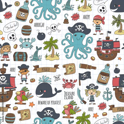 Tapety Wektor wzór Piracka impreza dla dzieci Przedszkole Dzieci rysunek styl ilustracji Picutre z piratem, wielorybem, wyspa skarbów, mapa skarbów, czaszki, flaga, statek Urodziny