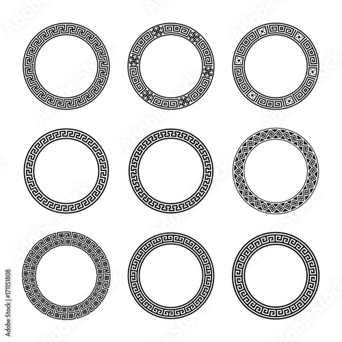 Ethnic set collection. Antique borders in black color on the white background. Greek round frames