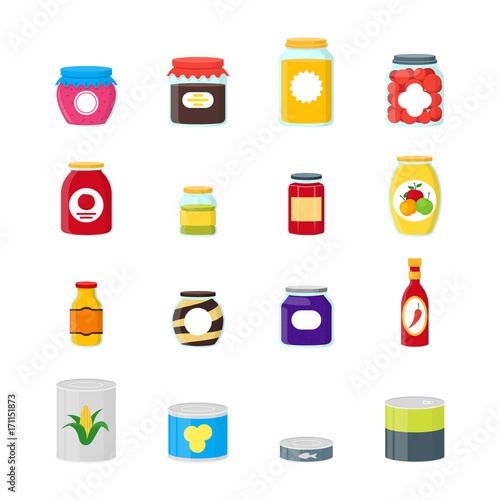 Cartoon Canned and Jar Food Color Icons Set. Vector