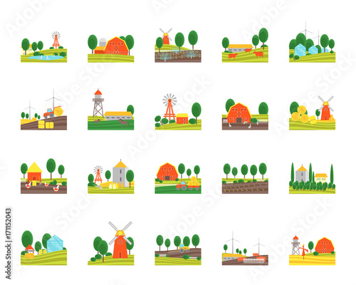 Cartoon Eco Farm Color Icons Set. Vector