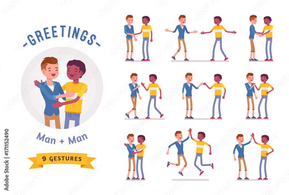 Young men greeting character set, various poses Young men greeting character set, various poses