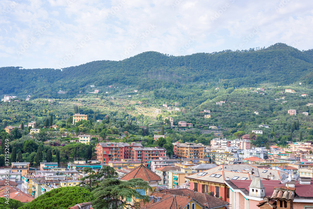 Morning view from above to cloudy day in Santa Margherita Ligure city and sea in Italy
