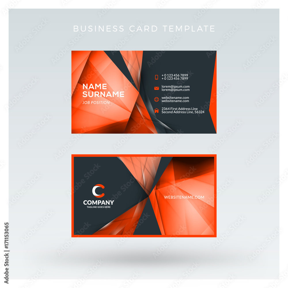 Fototapeta premium Creative and clean double-sided business card vector template with abstract background. Red and black color theme. Flat design vector mockup. Stationery design