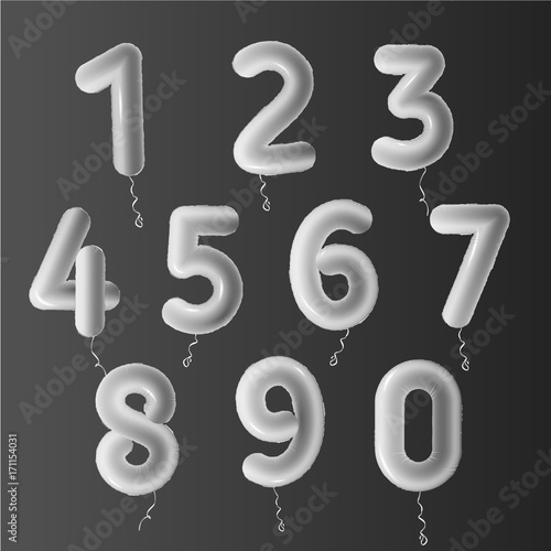 Inflatable gray aluminium color balls with falling confetti and hanging ribbons.Vector illustrations, logos and birthday signs, celebrating decor graphic elements.