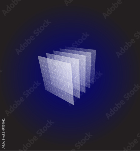 Abstract shape. Blue geometric visualization, layers cube. 3d architecture vector illustration.
