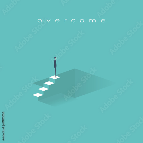 Business challenge and obstacle concept vector with businessman standing on top of stairs in front of a hole.