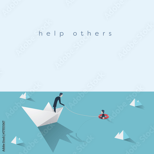 Business help vector concept. Bankruptcy, government bailout symbol with businessman on paper boat and drowning man in life preserver.