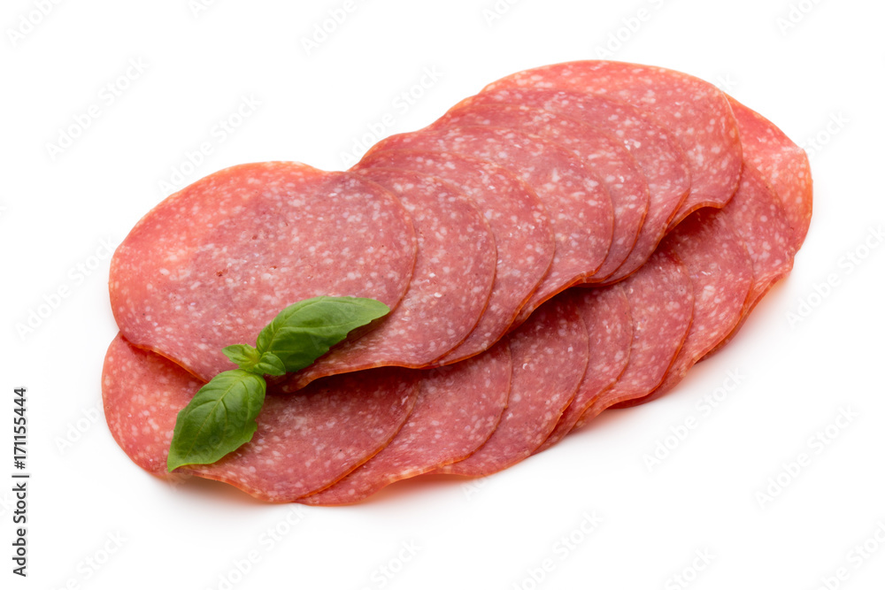 Salami slices isolated on white background.