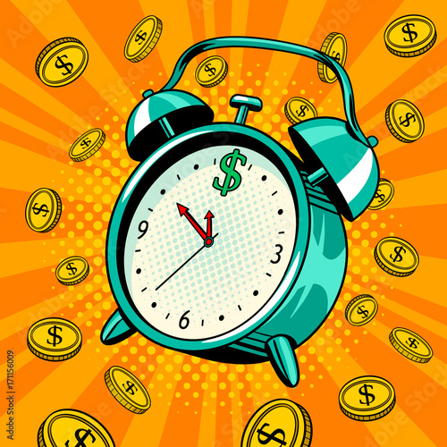 Alarm clock with money pop art vector illustration