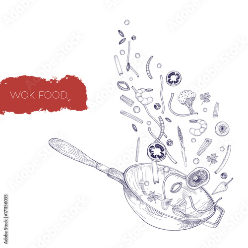Monochrome realistic drawing of wok pan and vegetables, mushrooms, noodles, spices frying and tossing up. Chinese cooking vessel hand drawn in antique style with contour lines. Vector illustration.