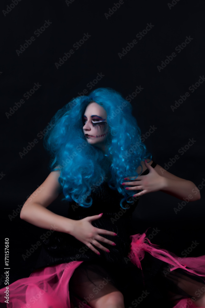 portrait of girl with makeup scary dolls and blue hair portrait of girl with makeup scary dolls and blue hair