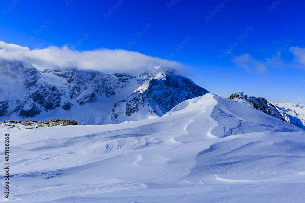 Snow in winter season, mountains. South Tirol, Solda in Italy.