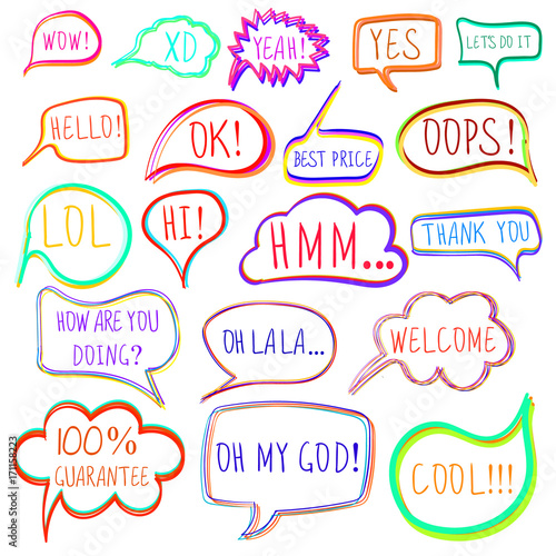 VECTOR set of drawn colorful vector speech and thought bubbles