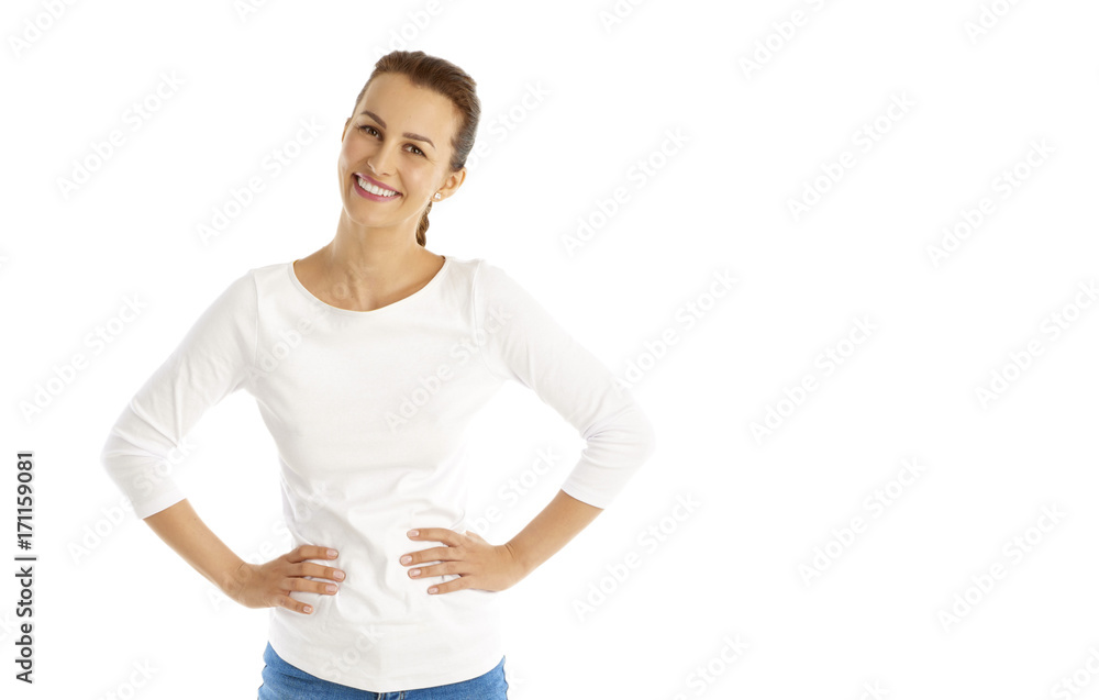 Confident young woman standing at isolated white background. Confident young woman standing at isolated white background.