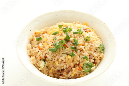 Chinese fried rice with spring onion on top