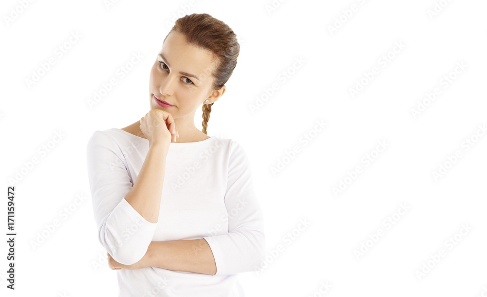 Confident young woman standing at isolated white background. Confident young woman standing at isolated white background.