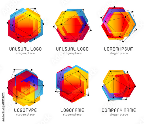 Futuristic abstract colorful vector logo and poster template. Innovative technologies digital design effect logos set on black background.