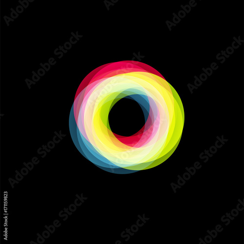 Isolated funnel abstract logo, linear unusual shape, circular line logotype. Luminous hoops, rings, wheel graphic illustration on the black background.