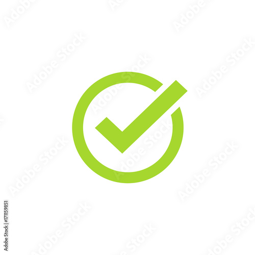Checkmark checkbox check mark icon vector symbol, confirm tick box green isolated on white background, round circle checked poll vote icon logo correct choice sign pictogram image photo