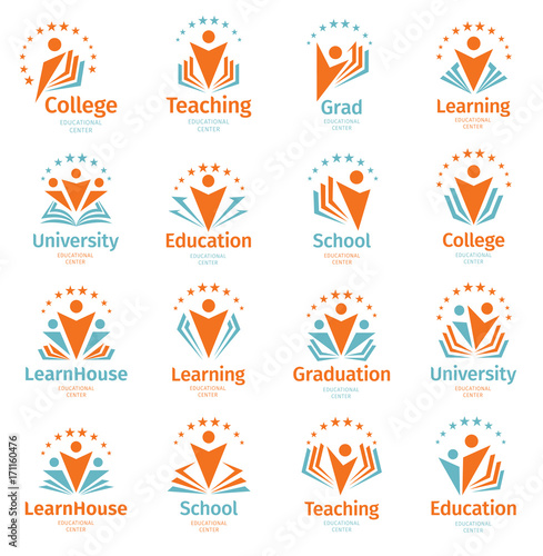 Isolated abstract colorful education and learn logo set, university and school books, graduate hats and human silhouettes logotypes collection on white background vector illustration. Teaching symbols