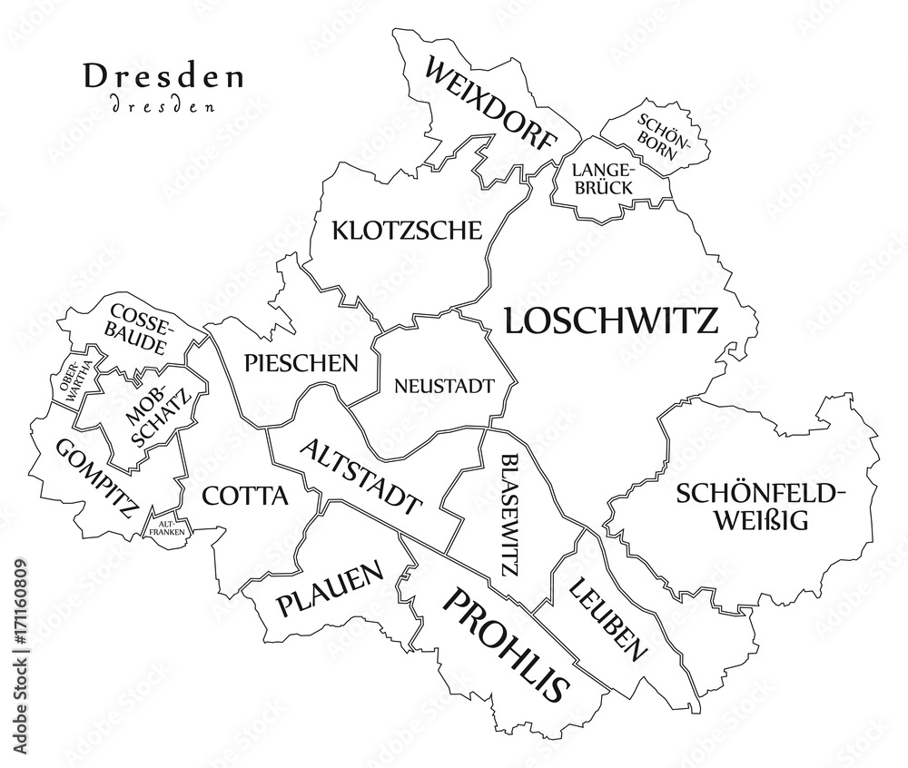 Fototapeta Modern City Map - Dresden city of Germany with boroughs and titles DE outline map