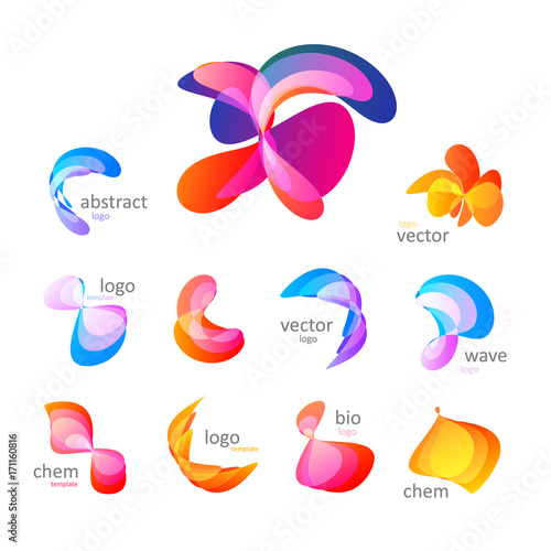 Abstract colorful bending shapes set. Isolated vector colored paint logos collection. Unusual bright color effect design elements.