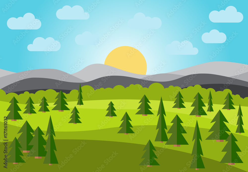 Vector landscape with field, trees and mountains. Early morning with the rising of the sun on the horizon. Vector illustration.

